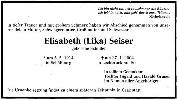 Schuller Elisabeth 1914-2004 Todesanzeige